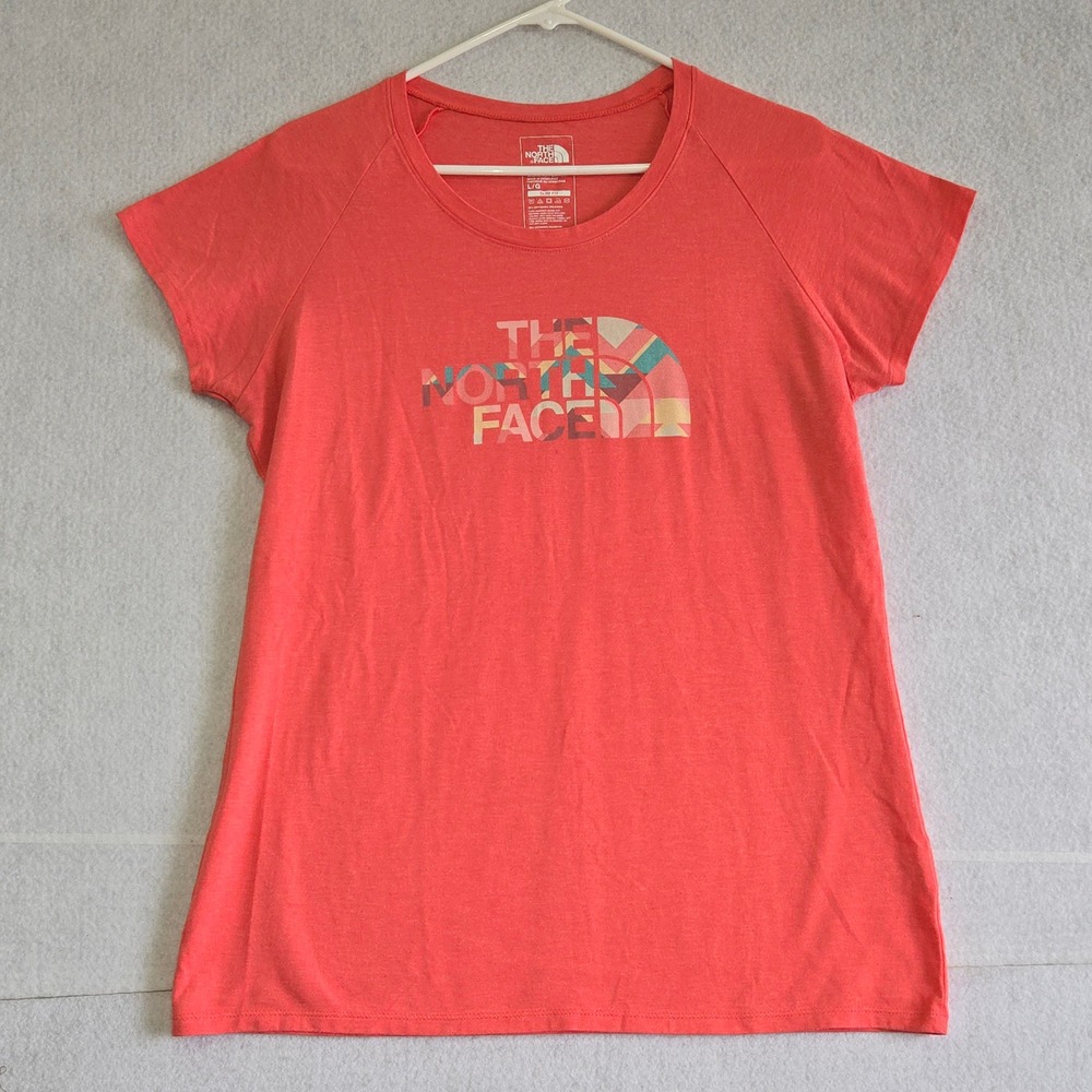 The North Face Womens Slim Fit T-Shirt Coral Heather Logo Graphic Tee Large L/G
